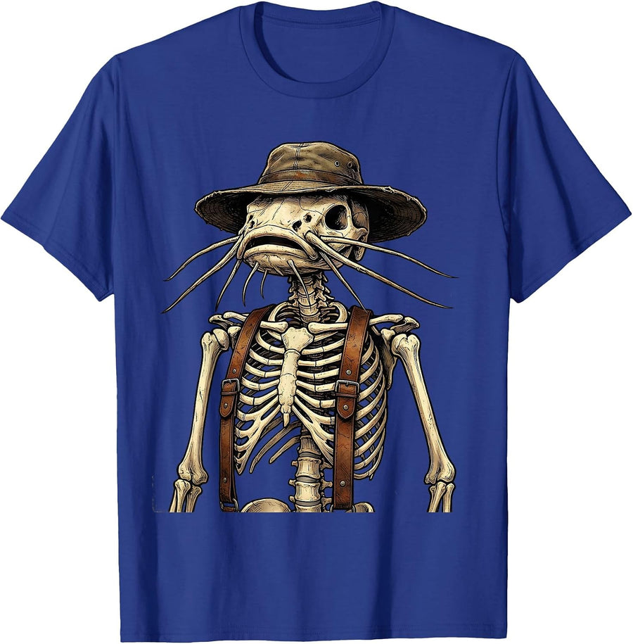 Catfish Skeleton Fisherman Suspenders Graphic T-Shirt - Royal Blue
