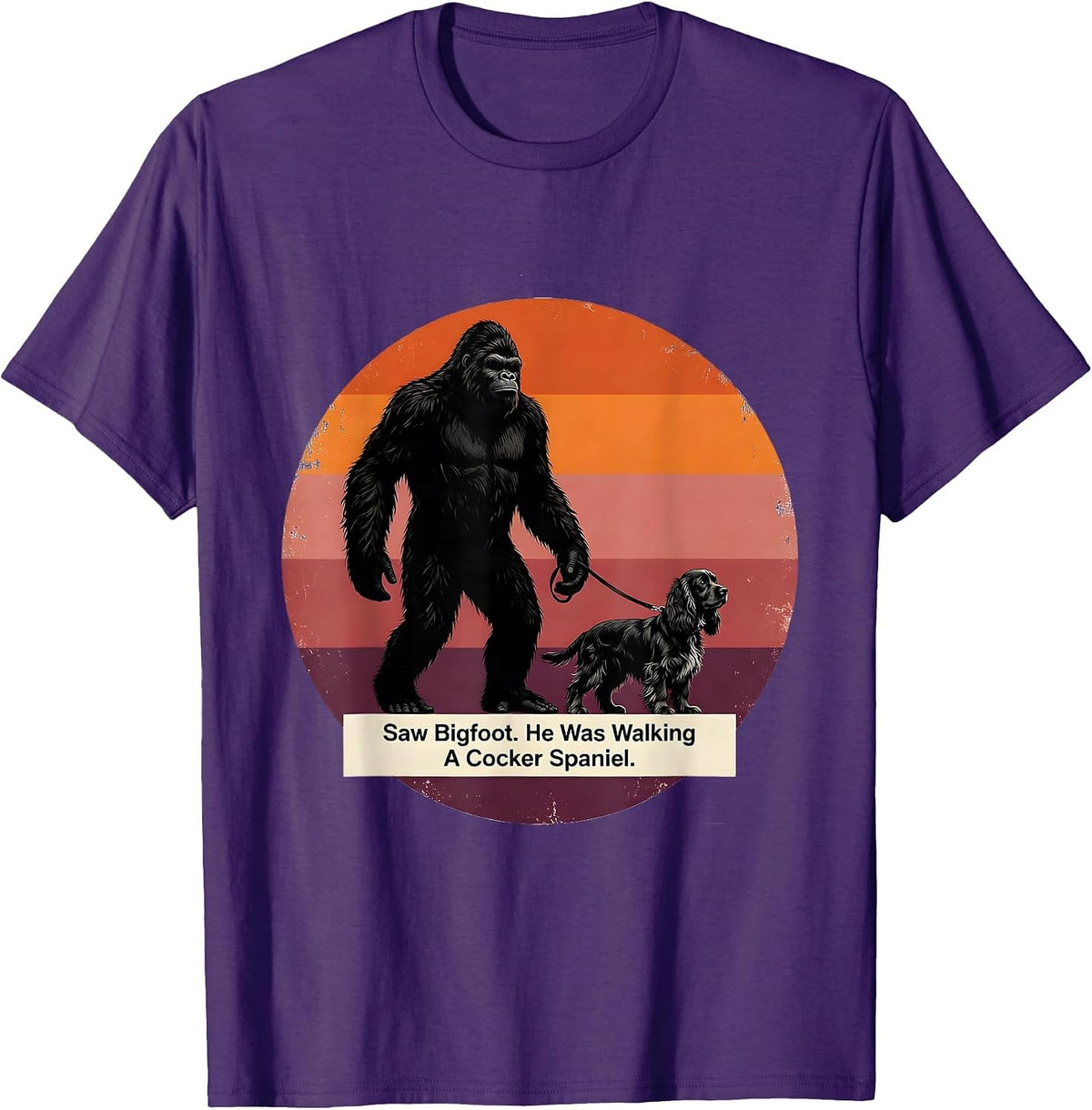 Men's Saw Bigfoot He Was Walking A Cocker Spaniel Funny T-Shirt - Purple