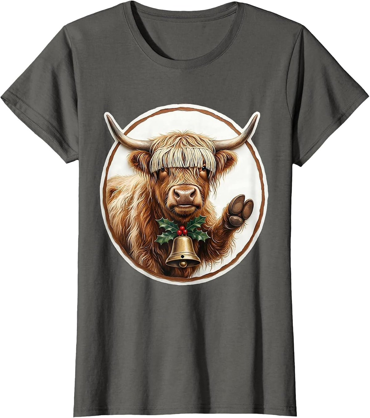 Women's Highland Cow Holiday Storybook Farm Animal Lover T-Shirt - Asphalt Grey