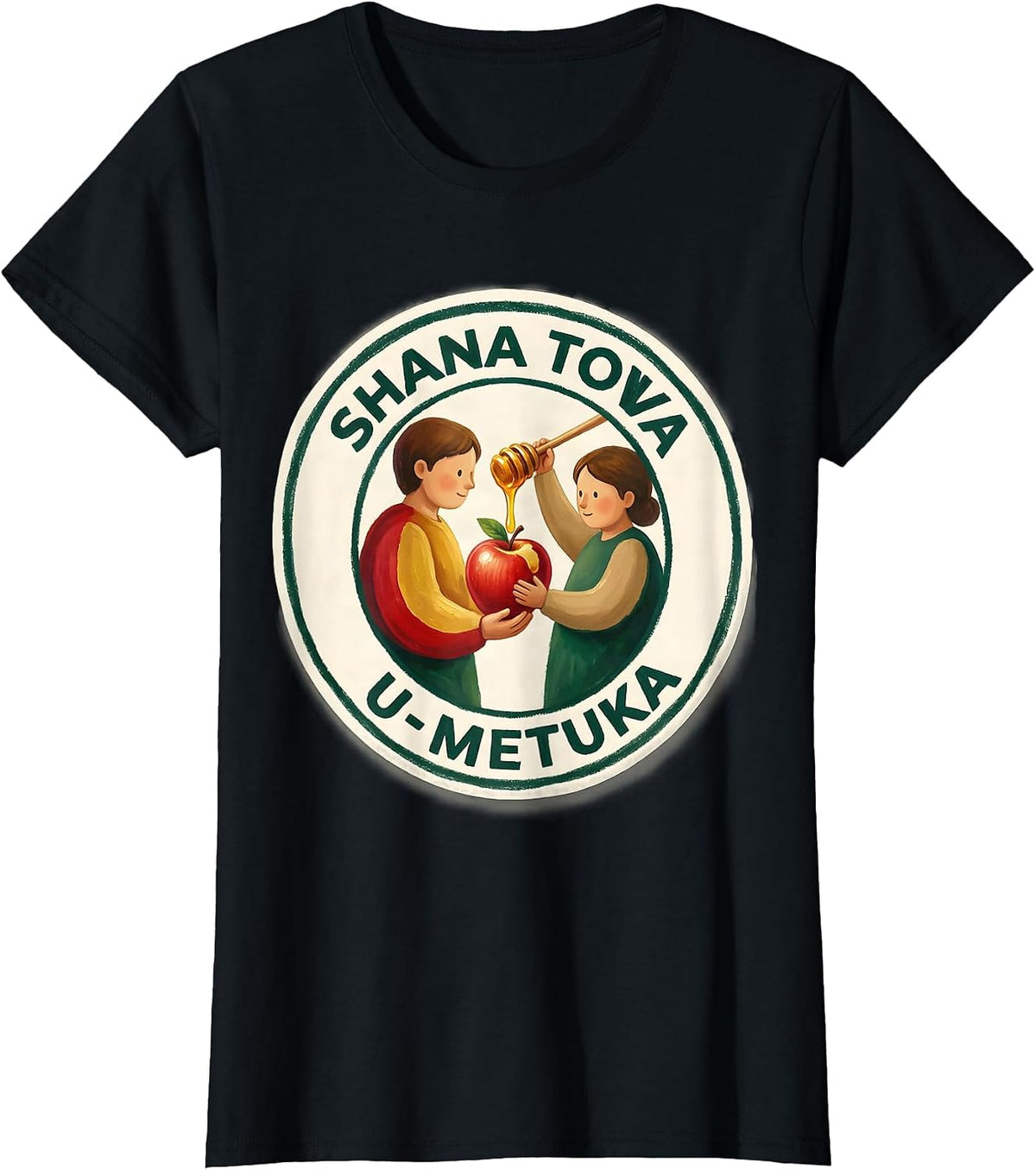Women's Shana Tova U'Metuka Storybook Rosh Hashanah Apple Honey Pun T-Shirt - Black