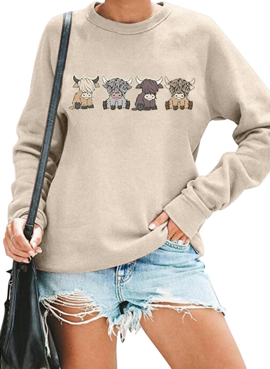 Women Cow Sweatshirt Western Cowgirl Farm Life Graphic Long Sleeve Tops - Apricot3