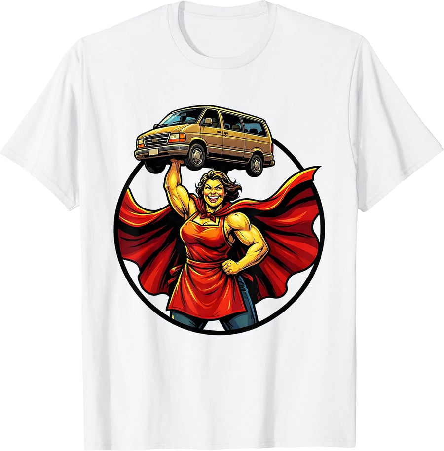 Men's Super Mom Caped Hero Lifting Minivan Graphic T-Shirt - White