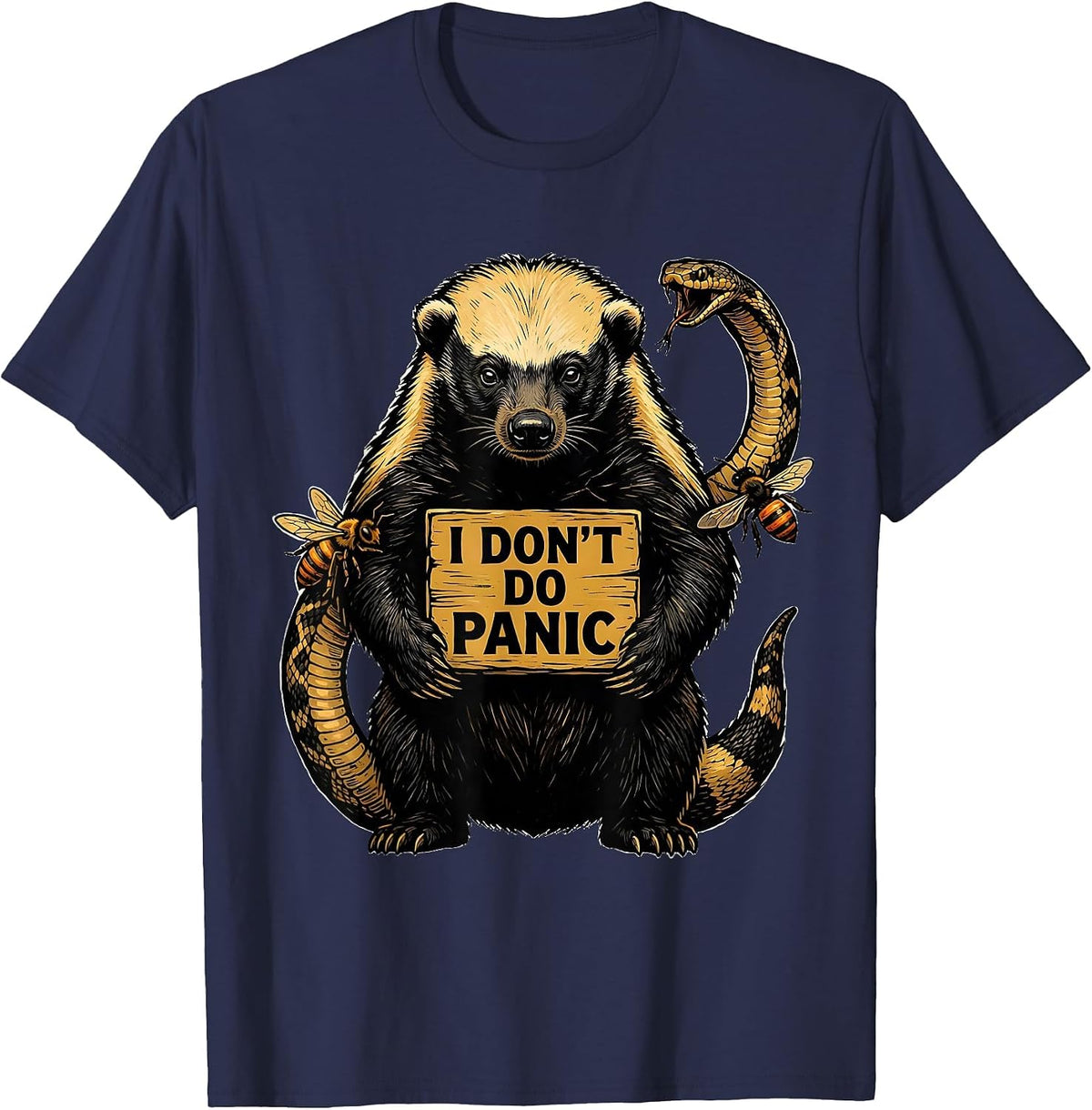 I Don't Do Panic Linocut Honey Badger Fearless Attitude T-Shirt - Navy Blue