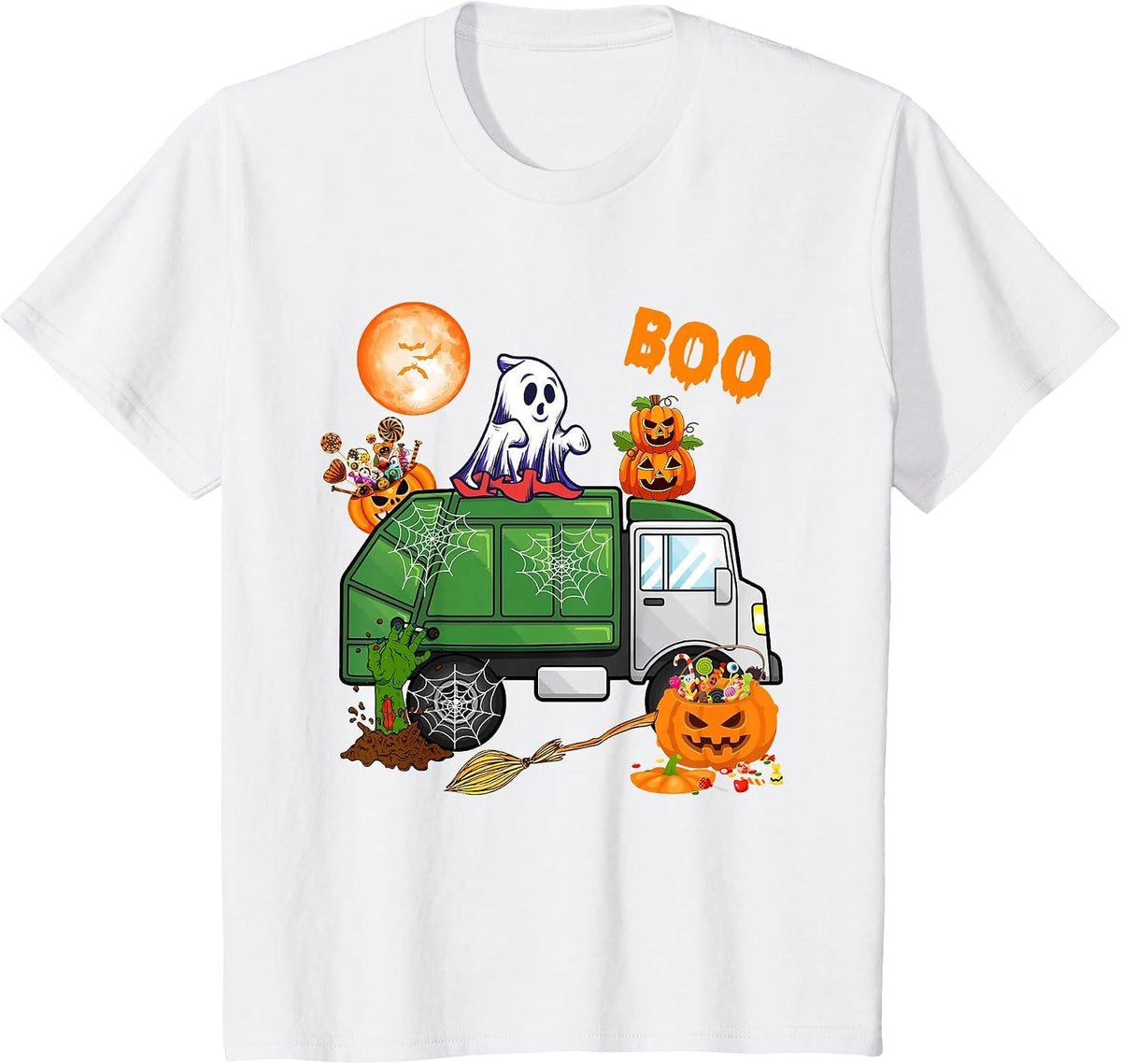 Ghost Driving Garbage Truck with Candy Bag Carved Pumpkin T-Shirt - White