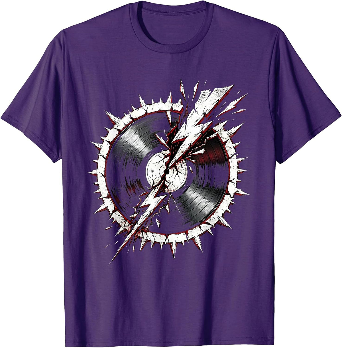 Men's Vinyl Record Lightning Bolt Crack Rock Music Tee T-Shirt - Purple