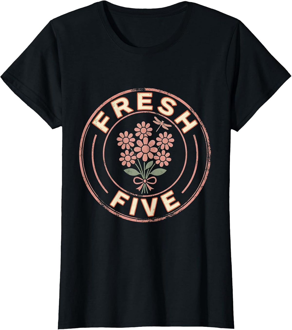 FRESH FIVE Retro Flower Power Fifth 5th Grade Back To School T-Shirt - Black