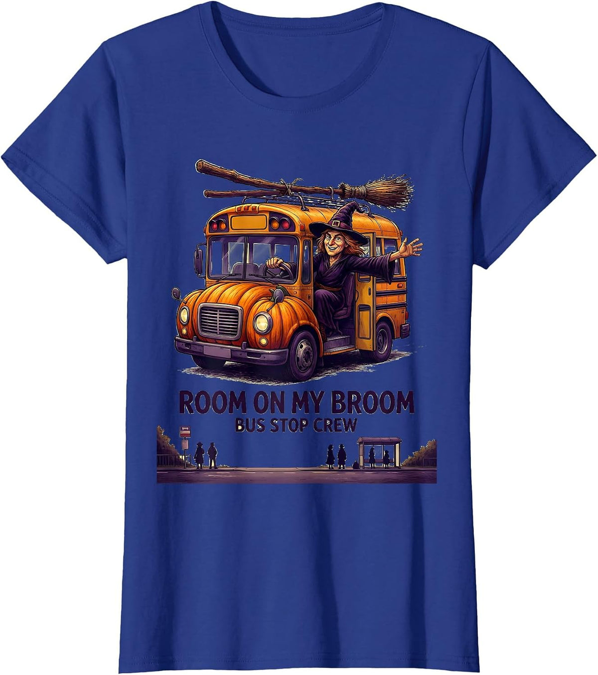 Women's Room On My Broom Bus Stop Crew Funny Halloween Teacher T-Shirt - Royal Blue