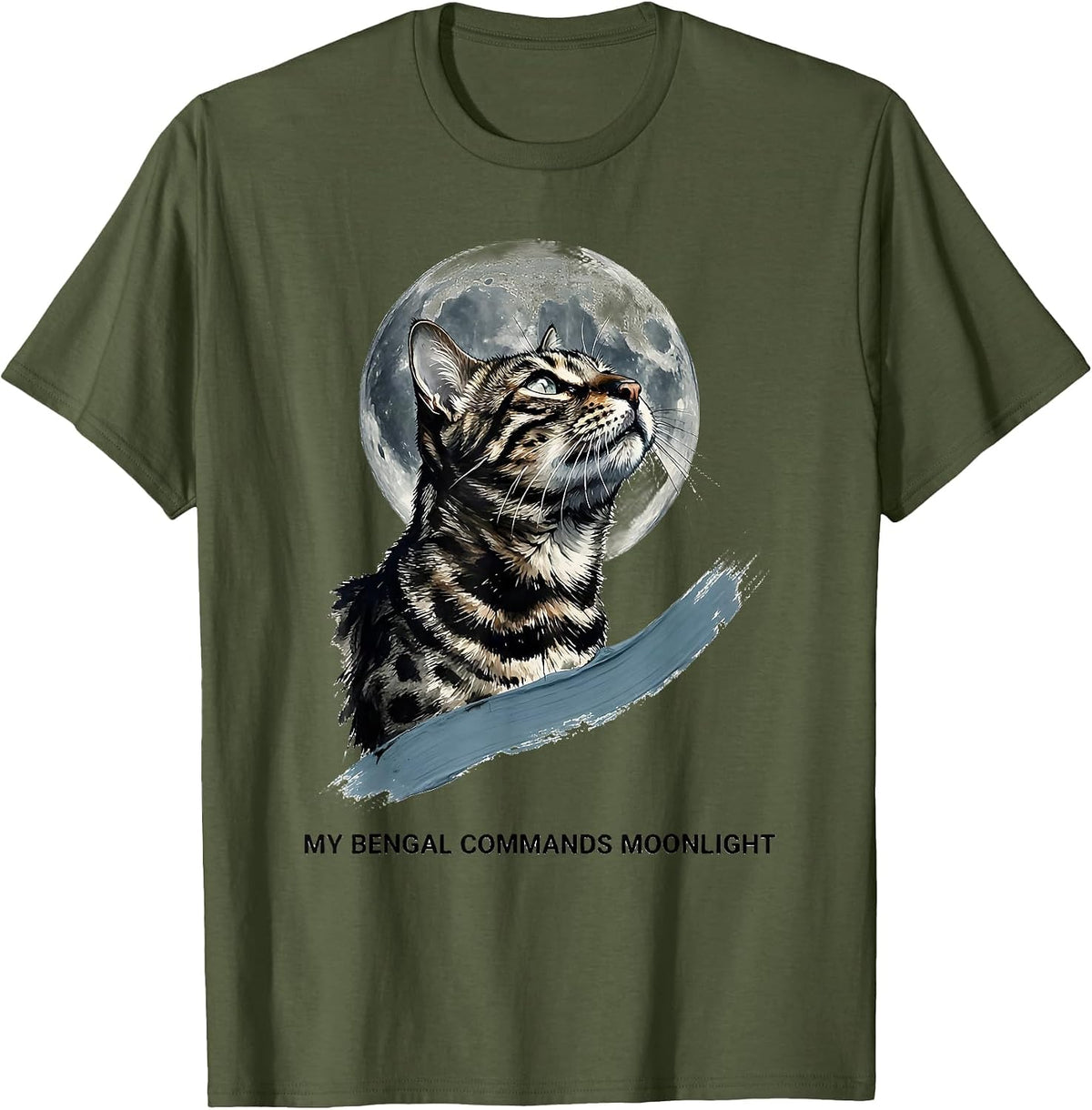 My Bengal Commands Moonlight Ink Brush Retro Cat Lover Humor T-Shirt - Olive Green