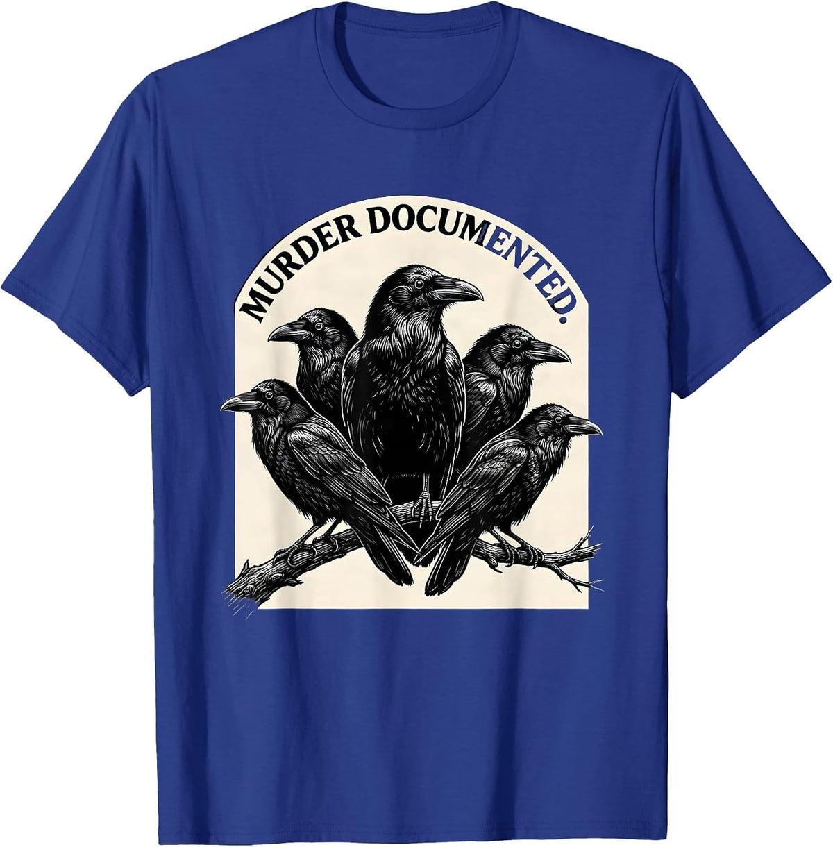 Men's Murder Documented Scratchboard Crow Raven Dark Humor Gothic T-Shirt - Royal Blue