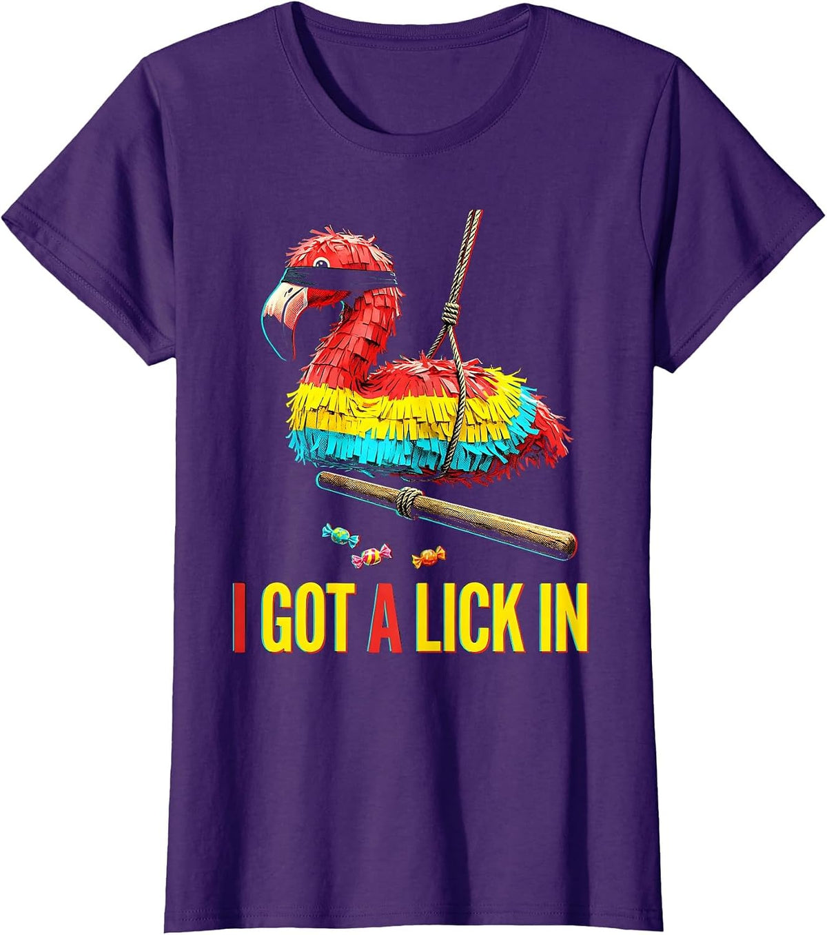 Women's I Got A Lick In Pop Art Flamingo Piñata Cinco De Mayo Party T-Shirt - Purple