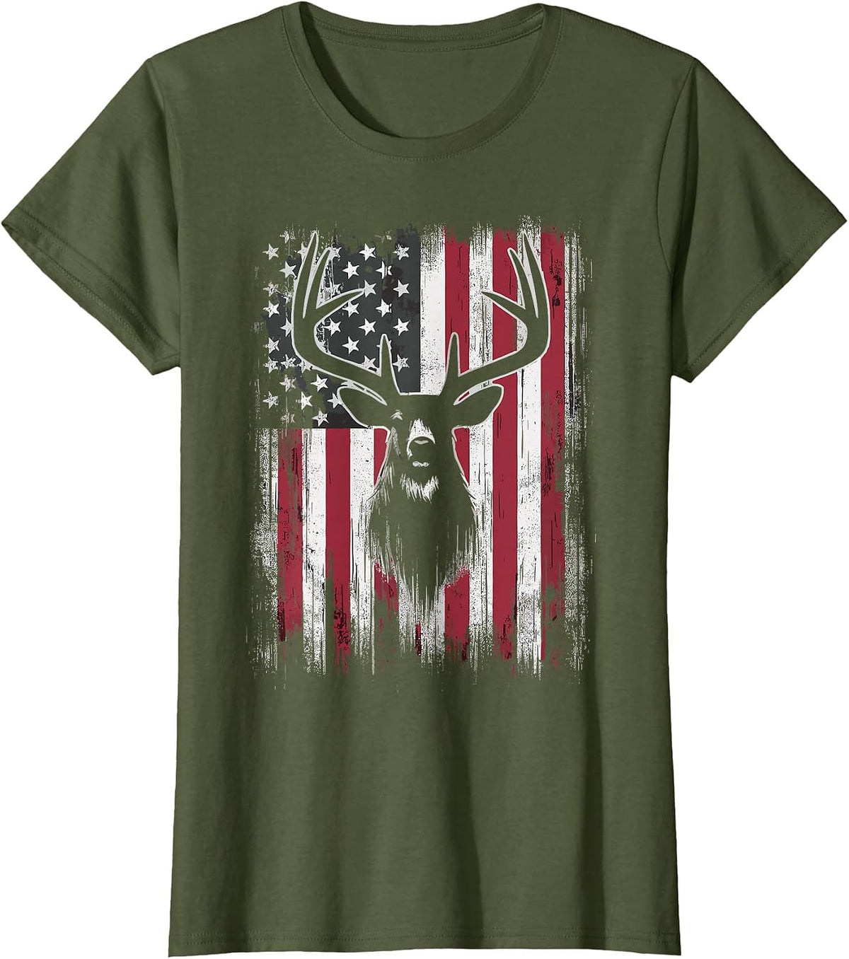 Deer Hunting American Flag T-Shirt - Olive Green