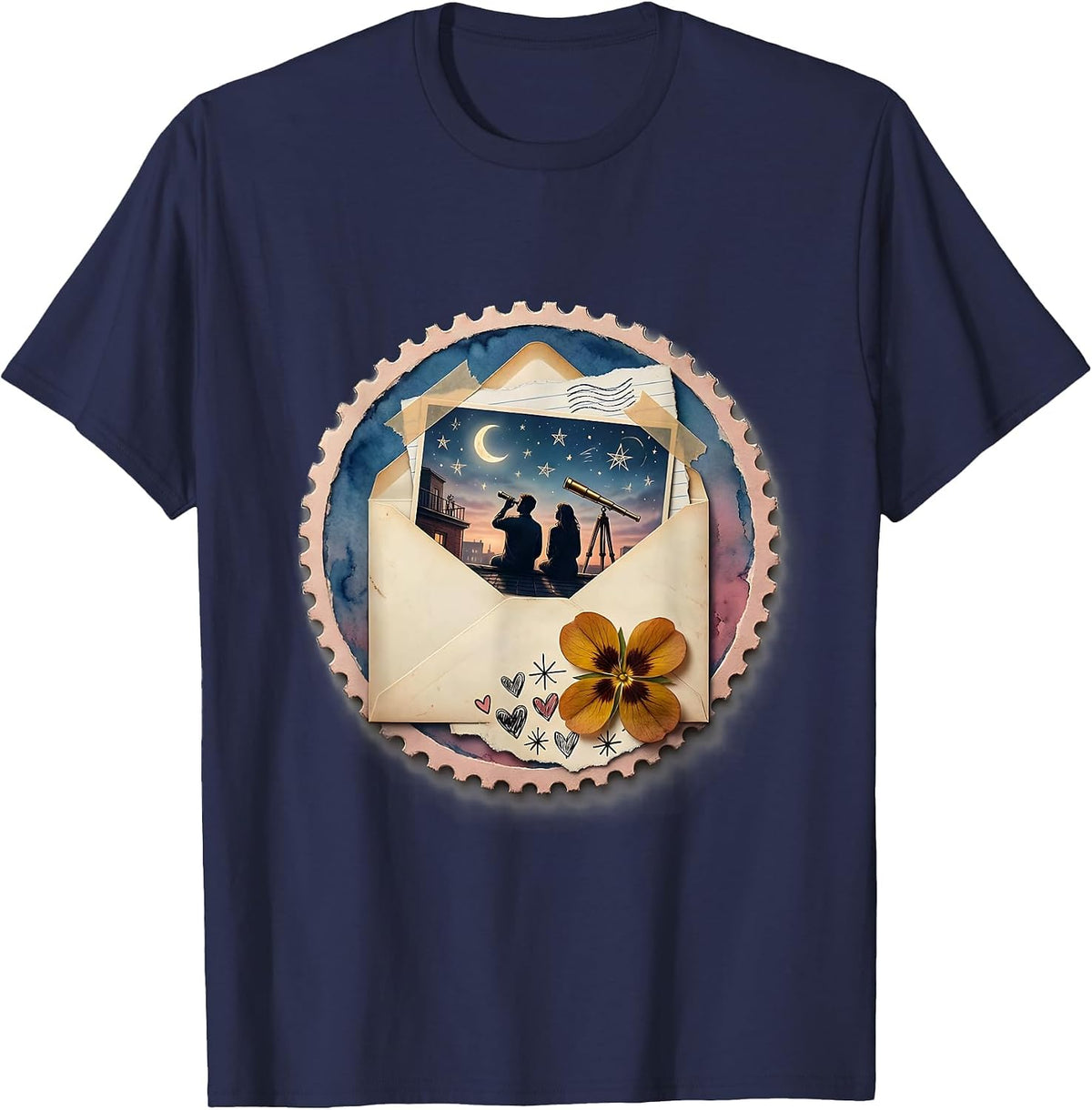 Rooftop Stargazing Couple Telescope Night Sky T-Shirt - Navy Blue