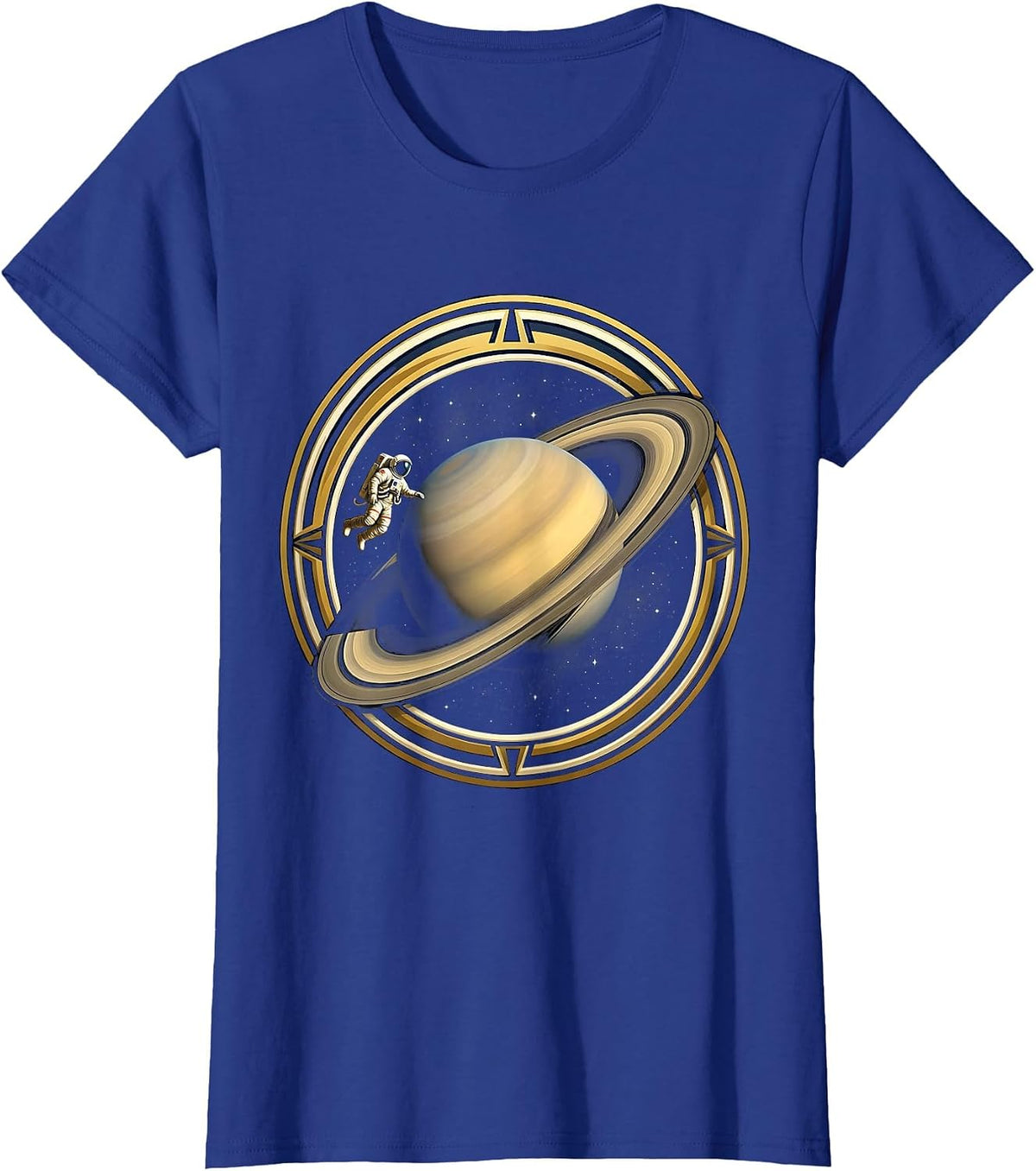 Women's Astronaut Silhouette Orbiting Ringed Planet T-Shirt - Royal Blue