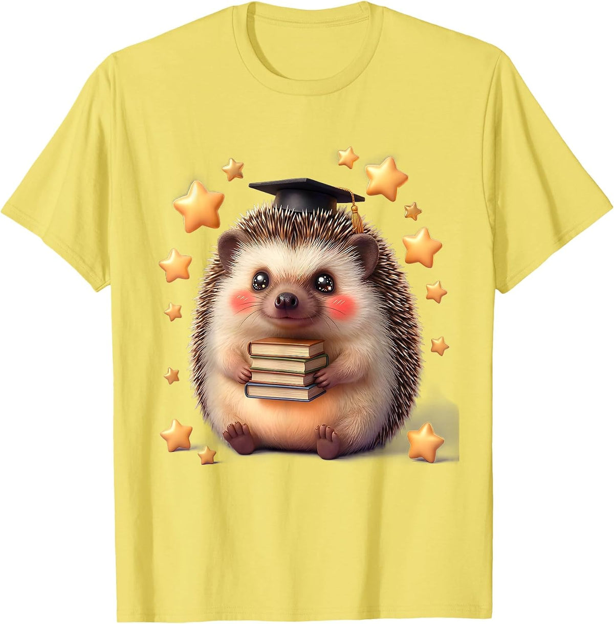 Men's Cute Hedgehog Teacher Gold Stars Illustration T-Shirt - Lemon Yellow
