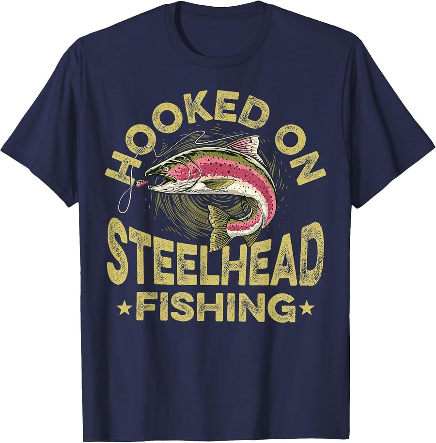 Hooked On Steelhead Fishing T-Shirt - Navy Blue
