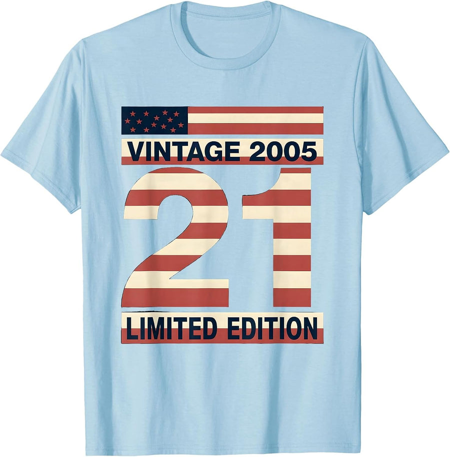 Men's Vintage 2005 Limited Edition 21 USA Flag Milestone Birthday T-Shirt - Baby Blue