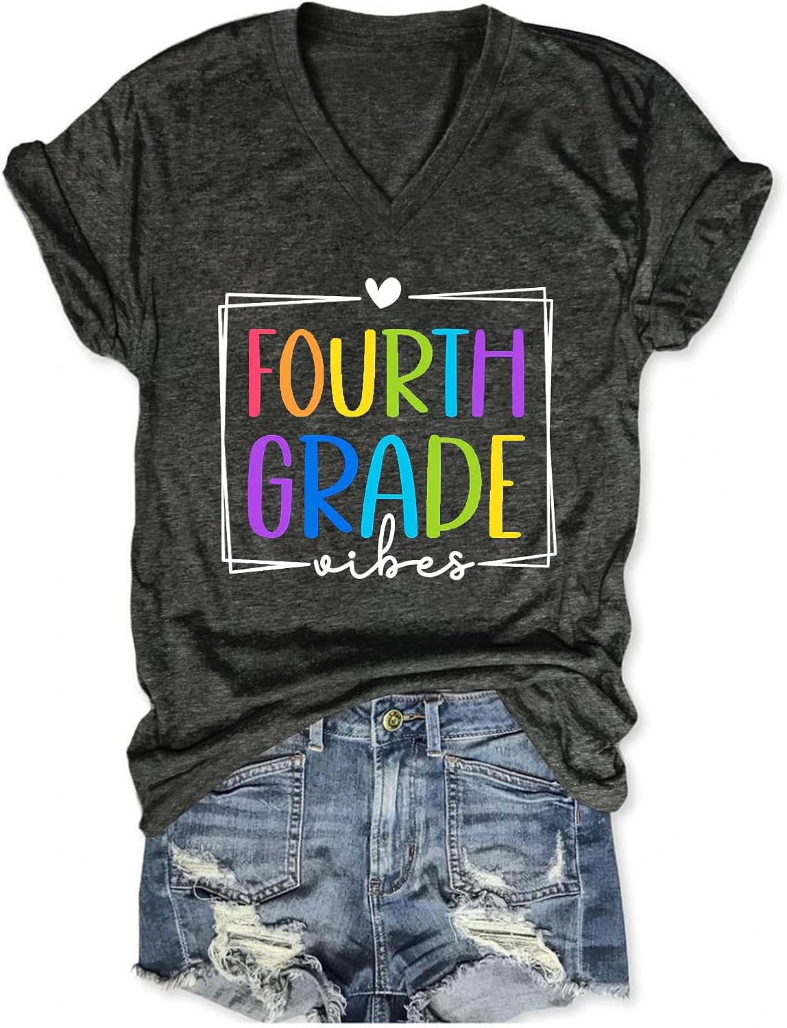 Fourth Grade Teacher T-Shirt Womens Funny Teacher Graphic Shirt Back to School Tops Casual Short Sleeve V Neck Tees - Grey