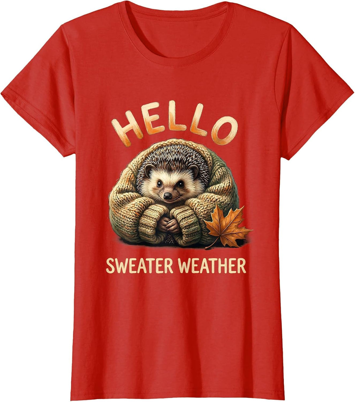 Hello, Sweater Weather Storybook Hedgehog Cozy Fall Autumn T-Shirt - Red