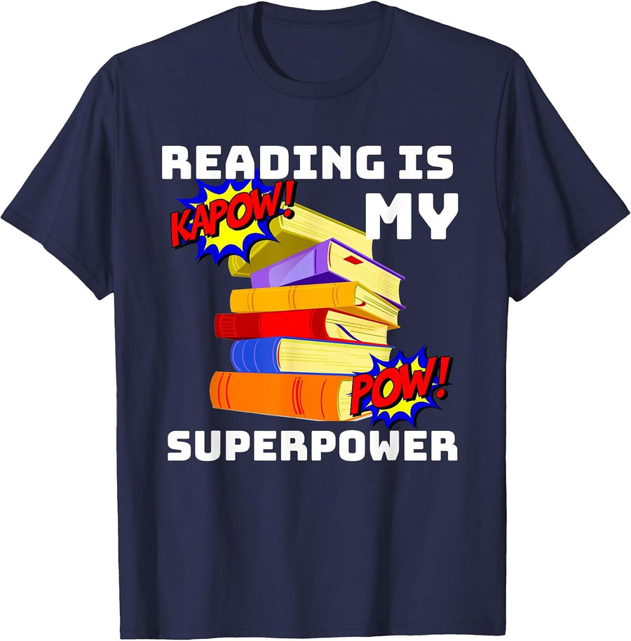 Reading is My Superpower Superhero Teacher T-Shirt - Navy Blue