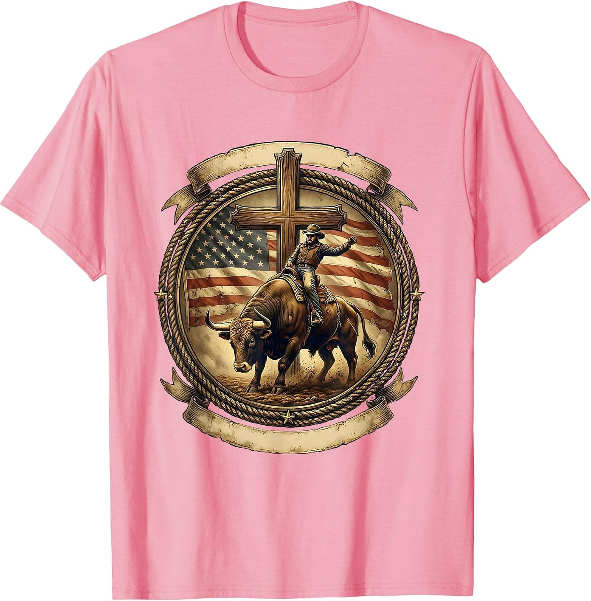 Men's Rodeo Bull Riding Graphic - USA Cowboy Bucking T-Shirt - Pink