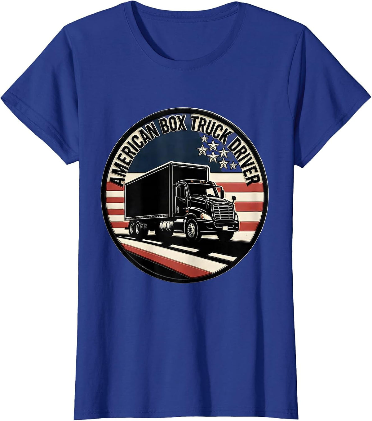 Women's American Box Truck Driver Patriotic Trucker Pride Linocut T-Shirt - Royal Blue