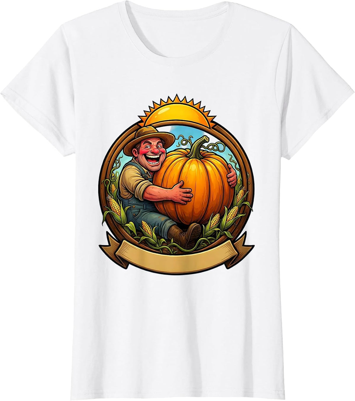 Farmer Cradling Pumpkin Harvest Field Illustration T-Shirt - White