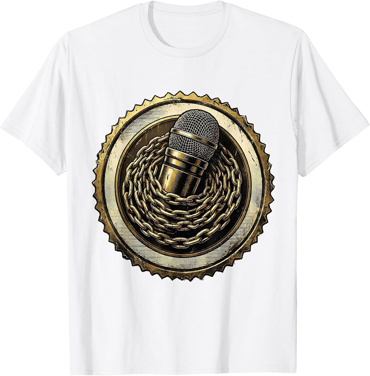 Men's Gold Chain Microphone Hip Hop Graphic Tee T-Shirt - White