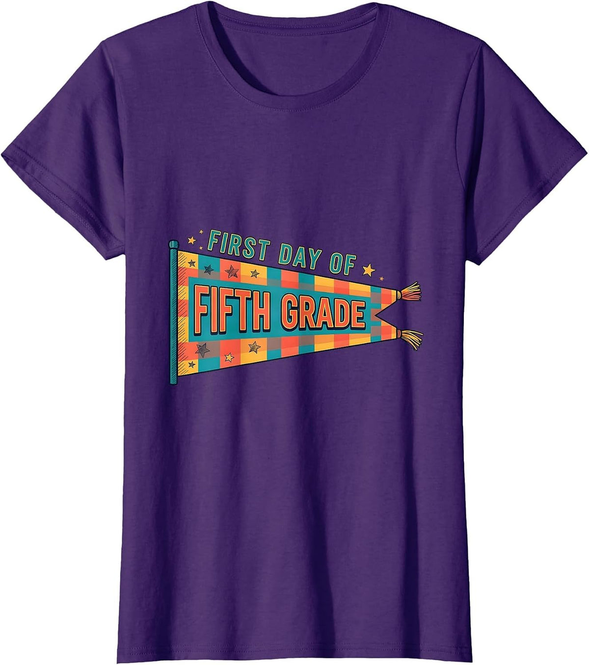 Women's First Day of Fifth Grade Cheerful Back to School Pennant T-Shirt - Purple