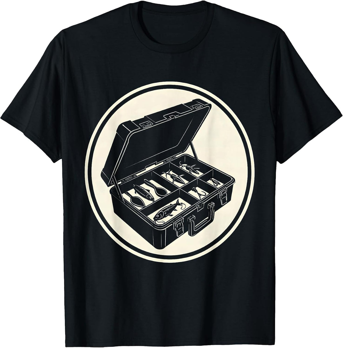 Men's Fishing Tackle Box Open With Colorful Lures T-Shirt - Black