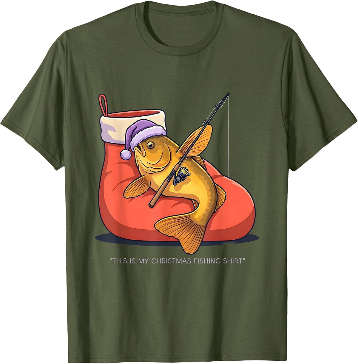 Men's This Is My Christmas Fishing Shirt Funny Fisherman Santa Hat T-Shirt - Olive Green