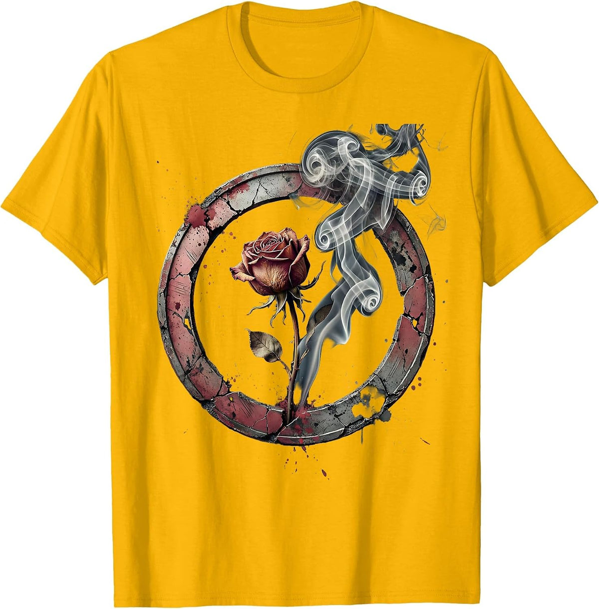 Wilting Rose Black Smoke Emo Gothic Design T-Shirt - Golden Yellow