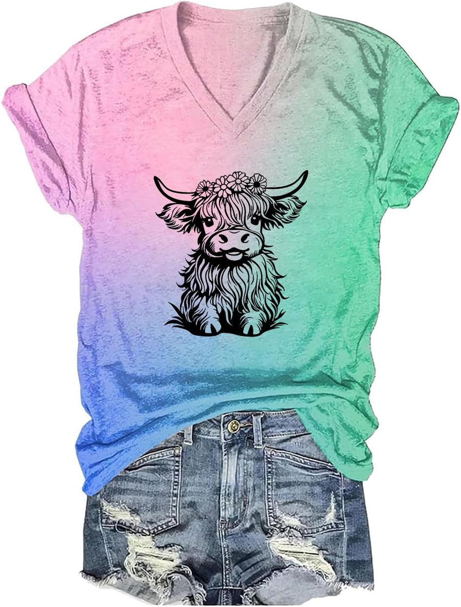 Highland Cow Shirt Highland Cow Shirts for Women Cute Design Print Short Sleeve Tops V Neck - A