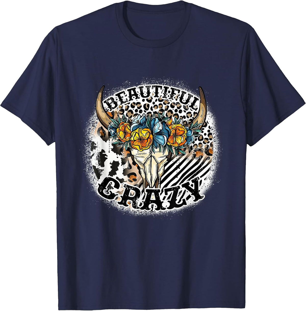 Beautiful Bull Skull Flower Crazy Cow Skull Leopard-Print T-Shirt - Navy Blue