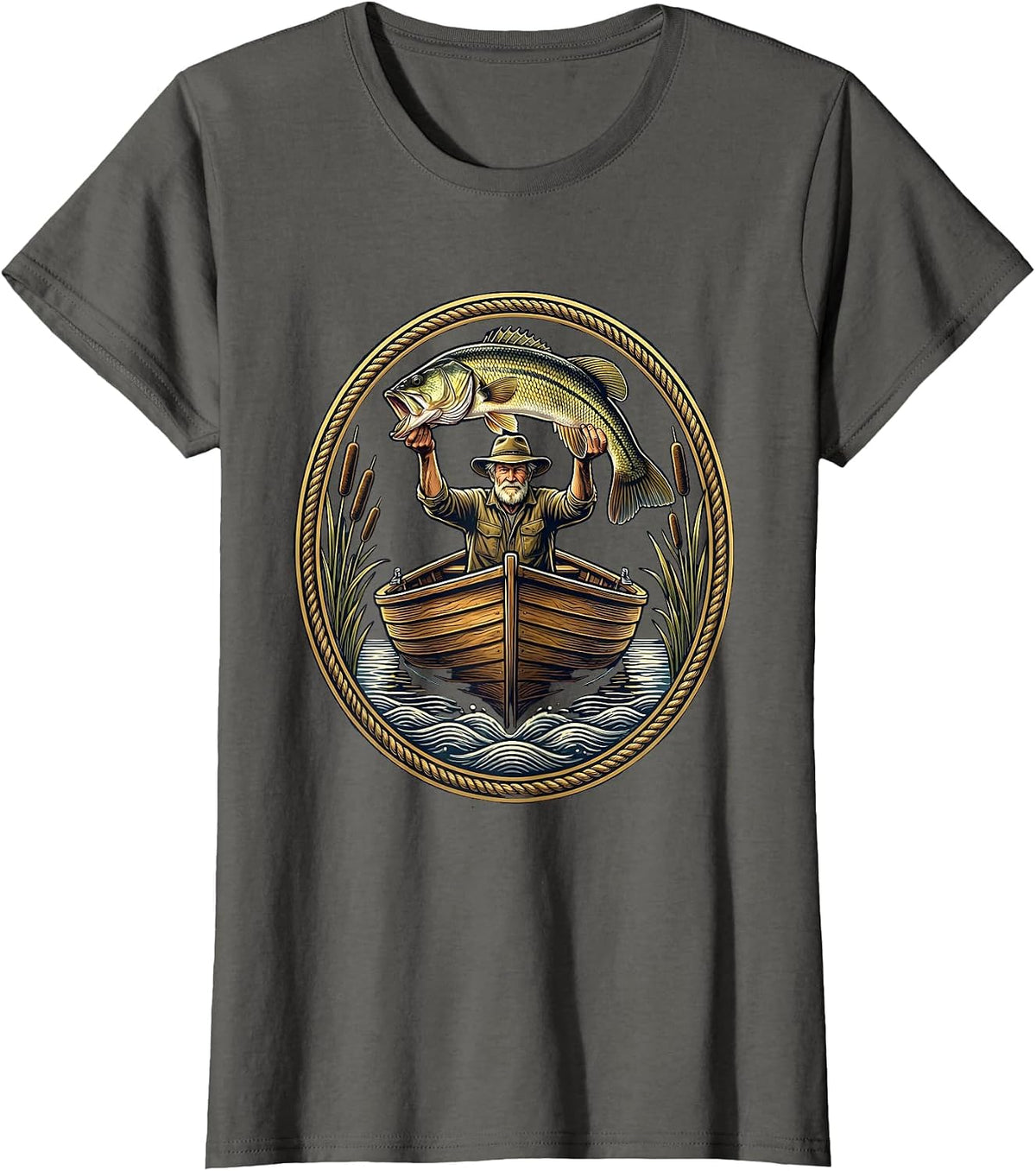 Women's Grandpa Trophy Bass Fishing Illustration T-Shirt - Asphalt Grey