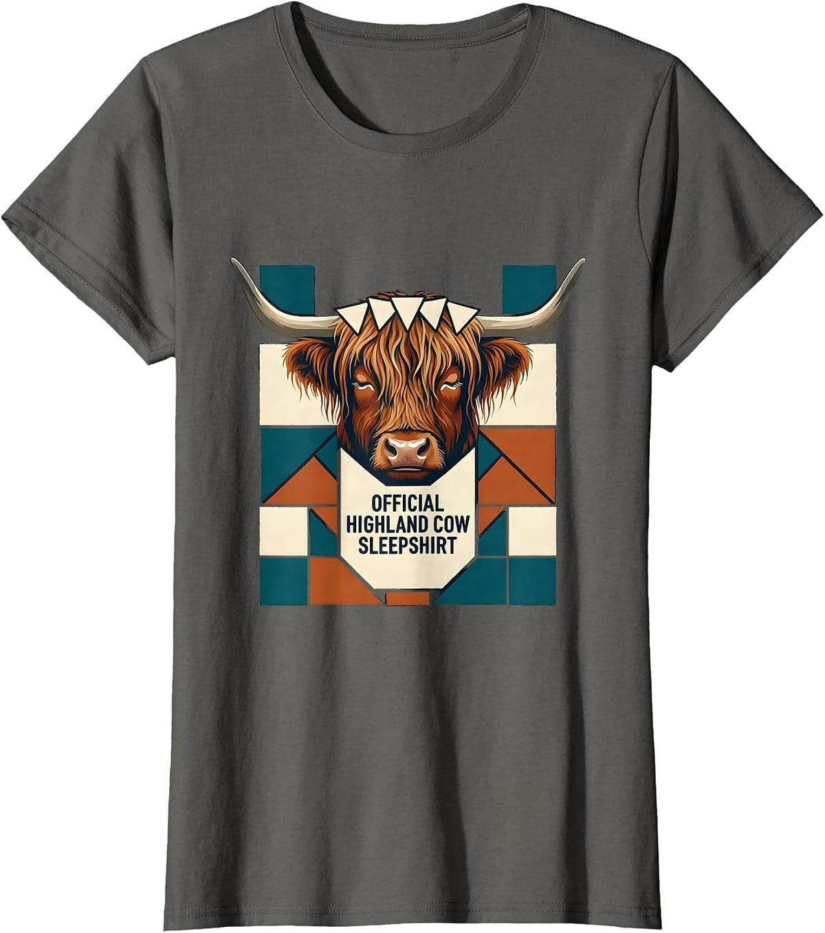 Women's Official Highland Cow Sleepshirt Cozy Quilt Block Patchwork T-Shirt - Asphalt Grey
