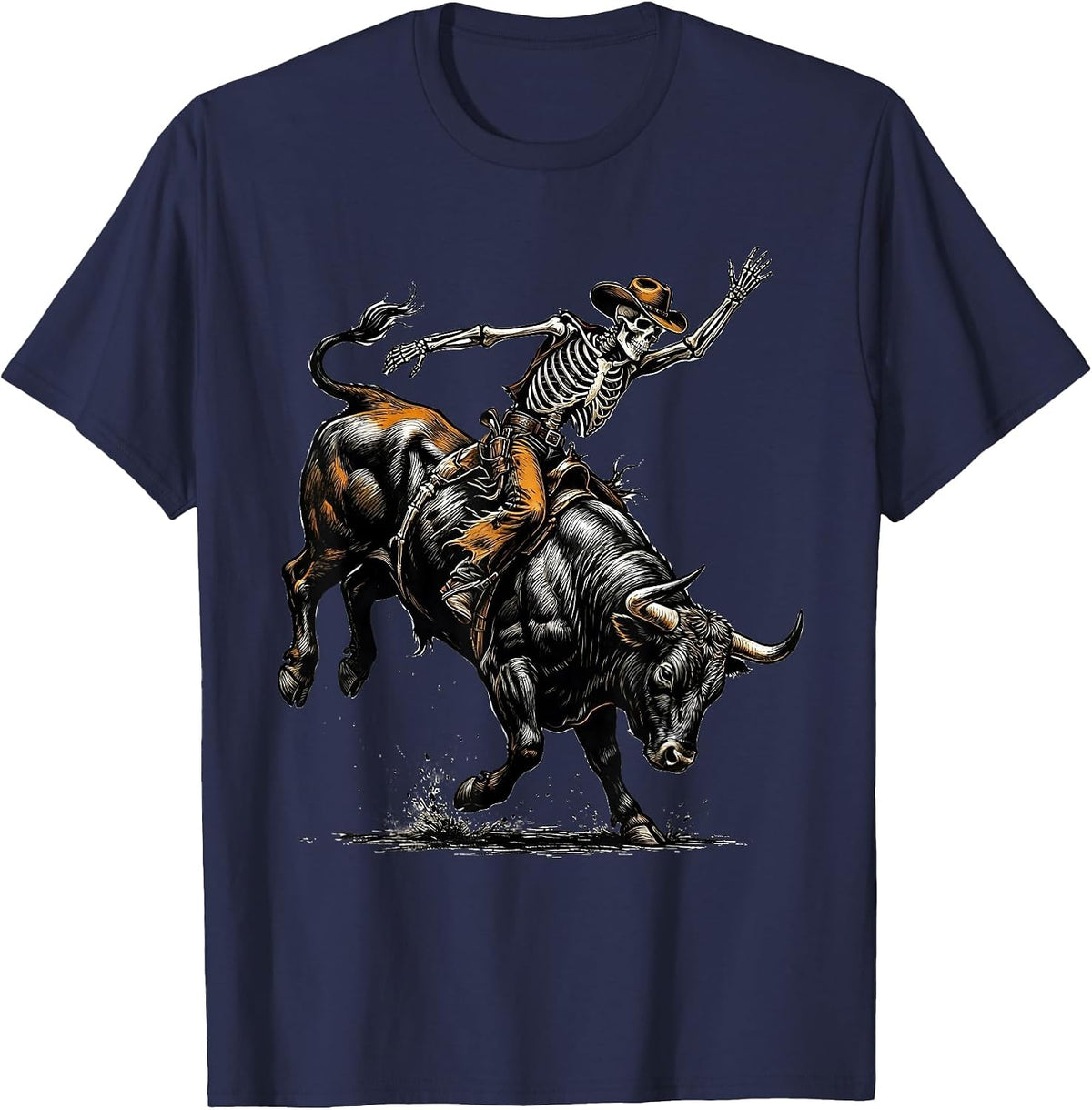 Men's Skeleton Cowboy Riding Bucking Bull Rodeo Art T-Shirt - Navy Blue