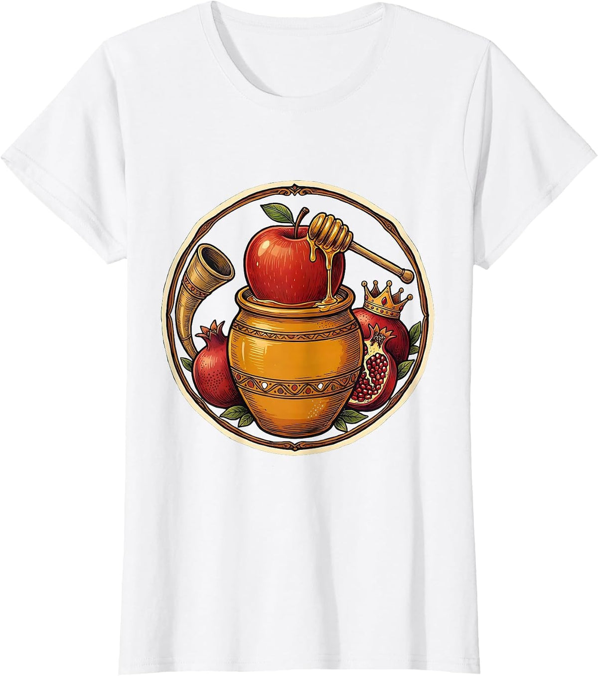 Circular Folk Apple Honey Shofar Rosh Hashanah Jewish T-Shirt - White