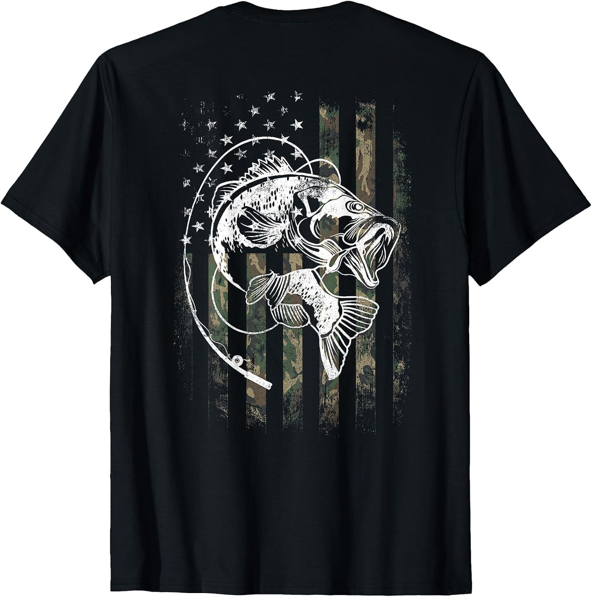 Bass Fish Fishing Camouflage Flag Funny Fisherman (on Back) T-Shirt - Black