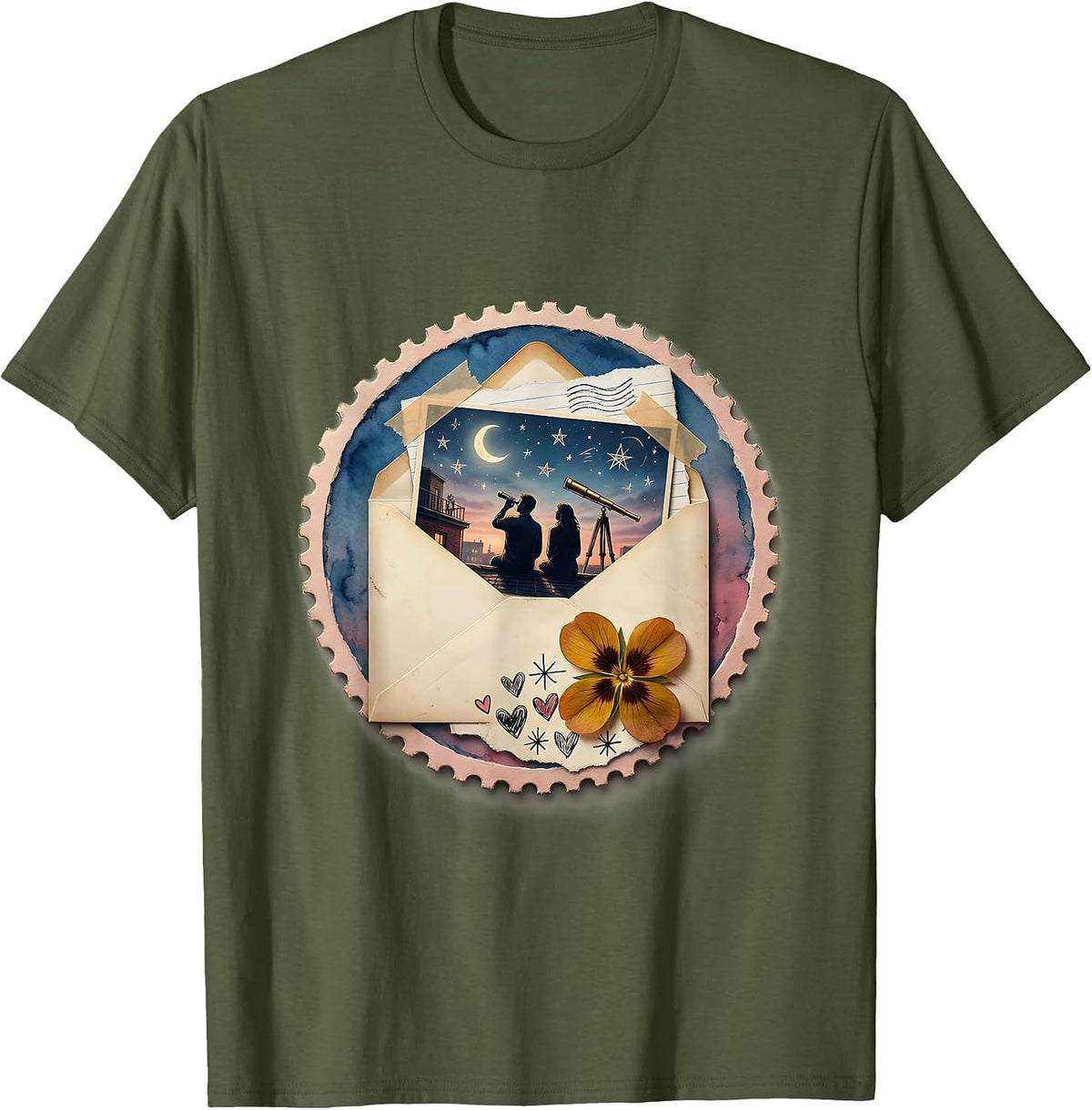 Rooftop Stargazing Couple Telescope Night Sky T-Shirt - Olive Green