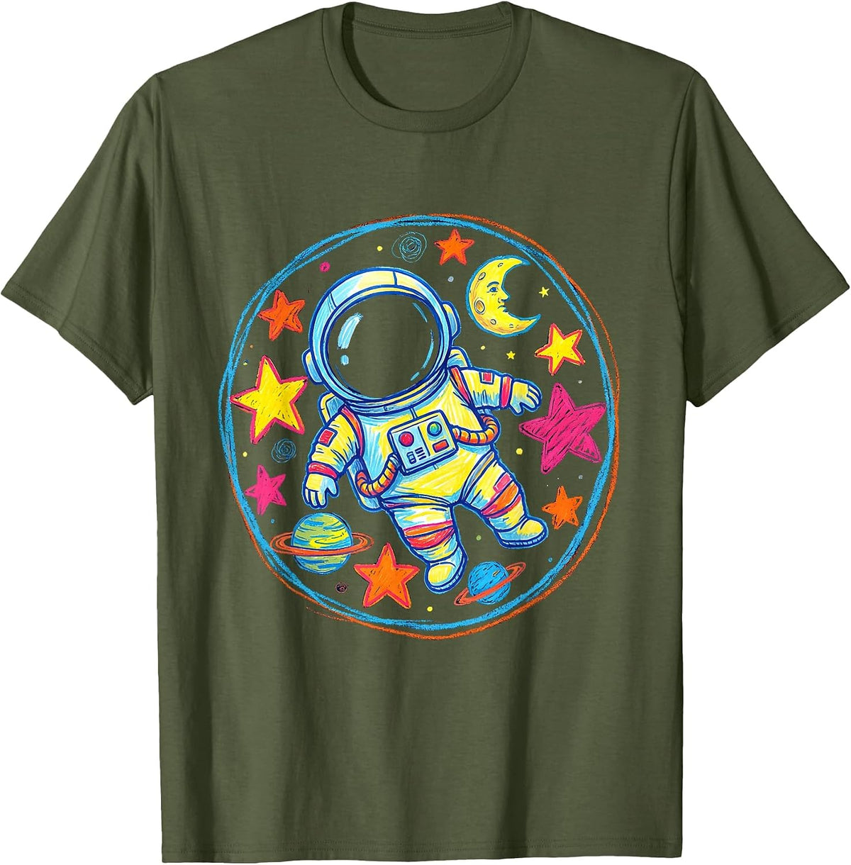 Astronaut Floating Alone in Outer Space Design T-Shirt - Olive Green
