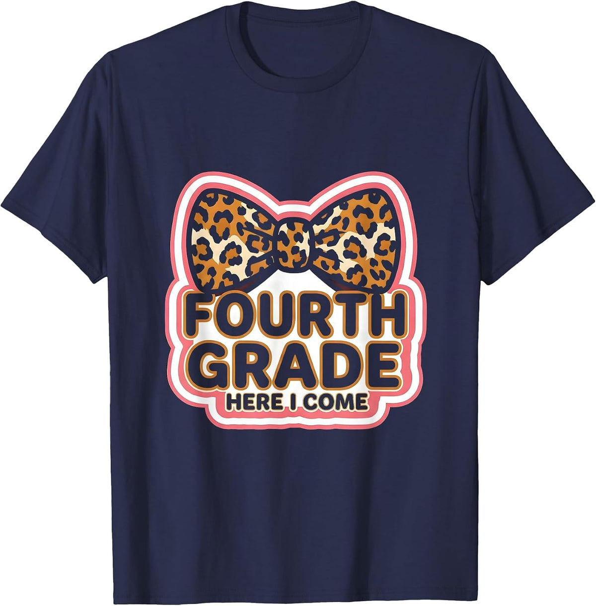 Fourth Grade Here I Come Leopard Print Teacher Back T-Shirt - Navy Blue
