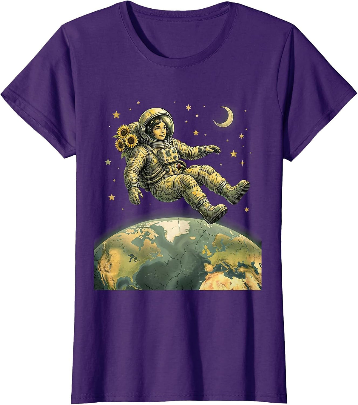 Astronaut Floating Above Earth Space Art T-Shirt - Purple