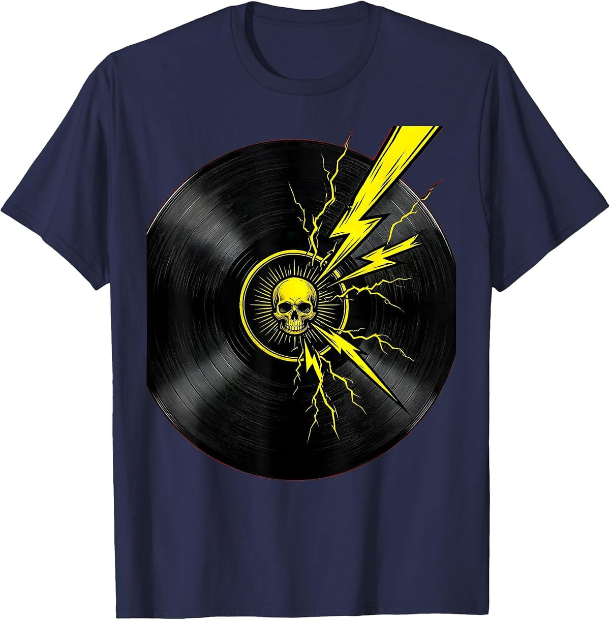 Men's Cracked Vinyl Record Lightning Rock Band Graphic T-Shirt - Navy Blue