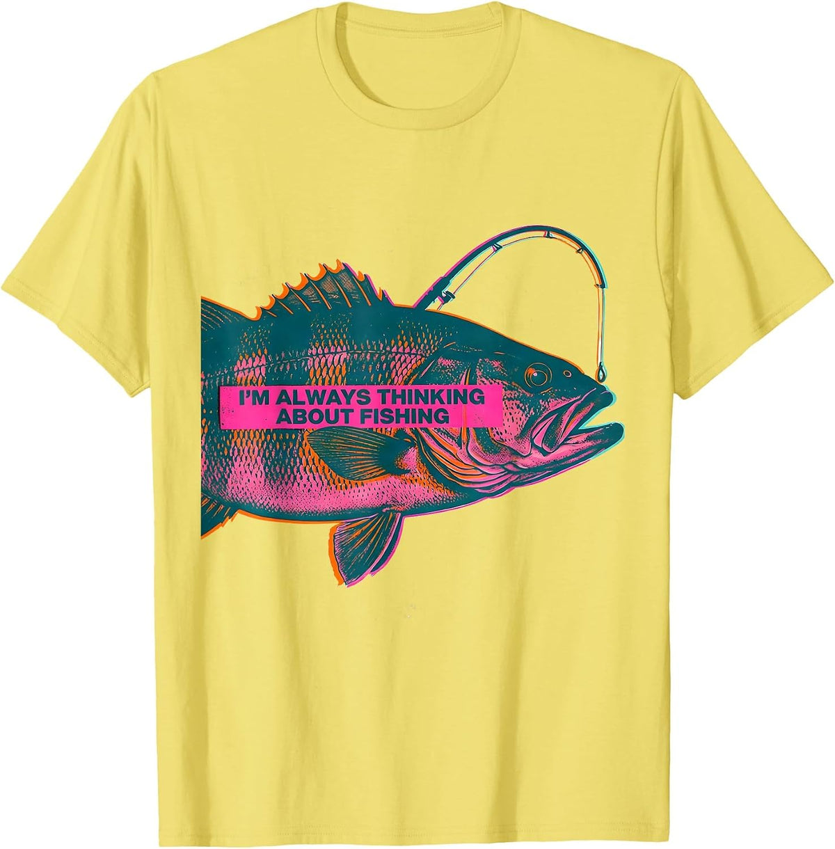 Men's I’m Always Thinking About Fishing Funny Bass Fisherman Gift T-Shirt - Lemon Yellow