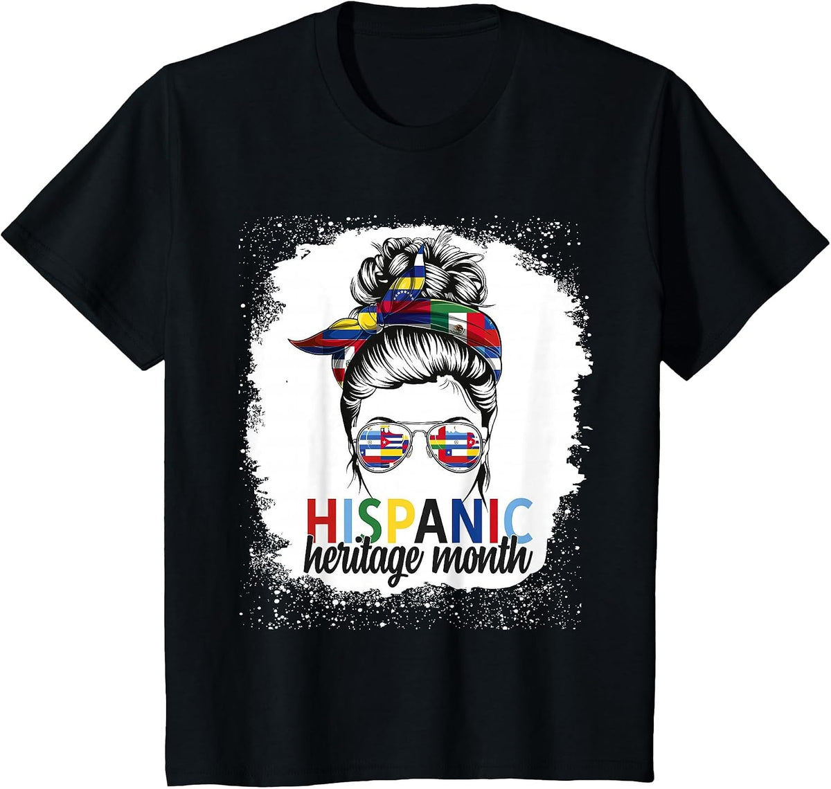 Hispanic Heritage Month All Countries Flags Women Messy Bun T-Shirt - Black