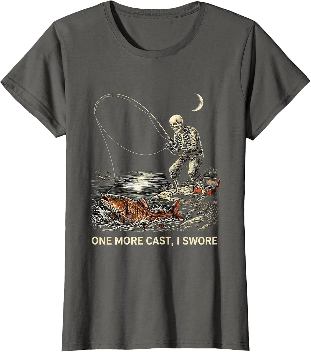 Women's One More Cast, I Swore Spooky Halloween Fishing Dad Gift T-Shirt - Asphalt Grey
