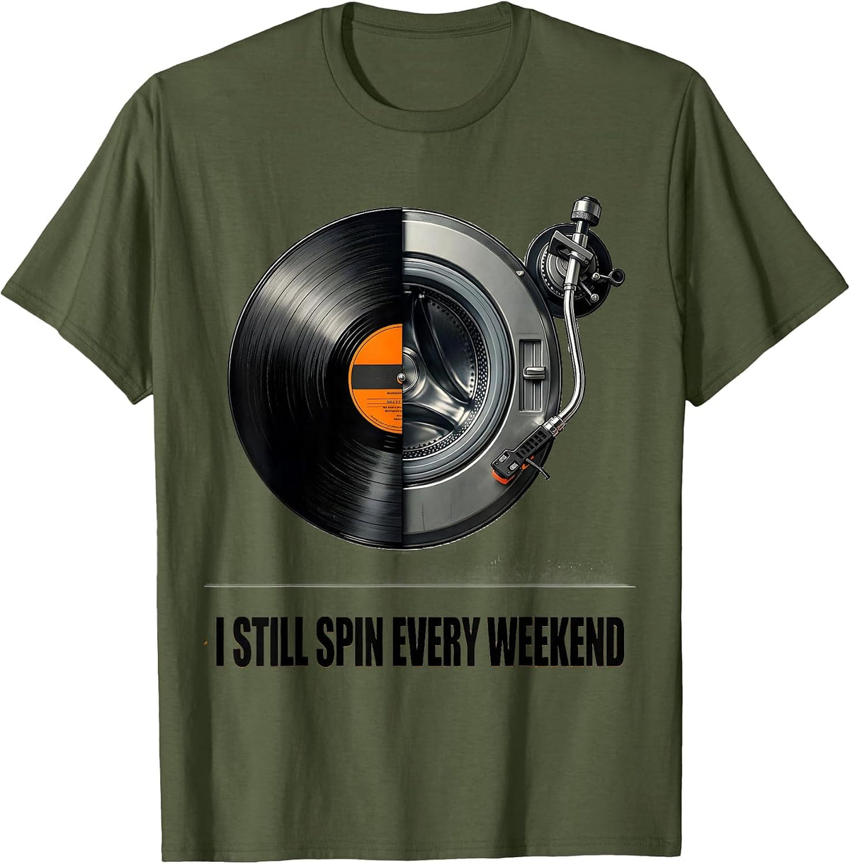 Men's I Still Spin Every Weekend Brutalist 90s Gangster Rap DJ T-Shirt - Olive Green