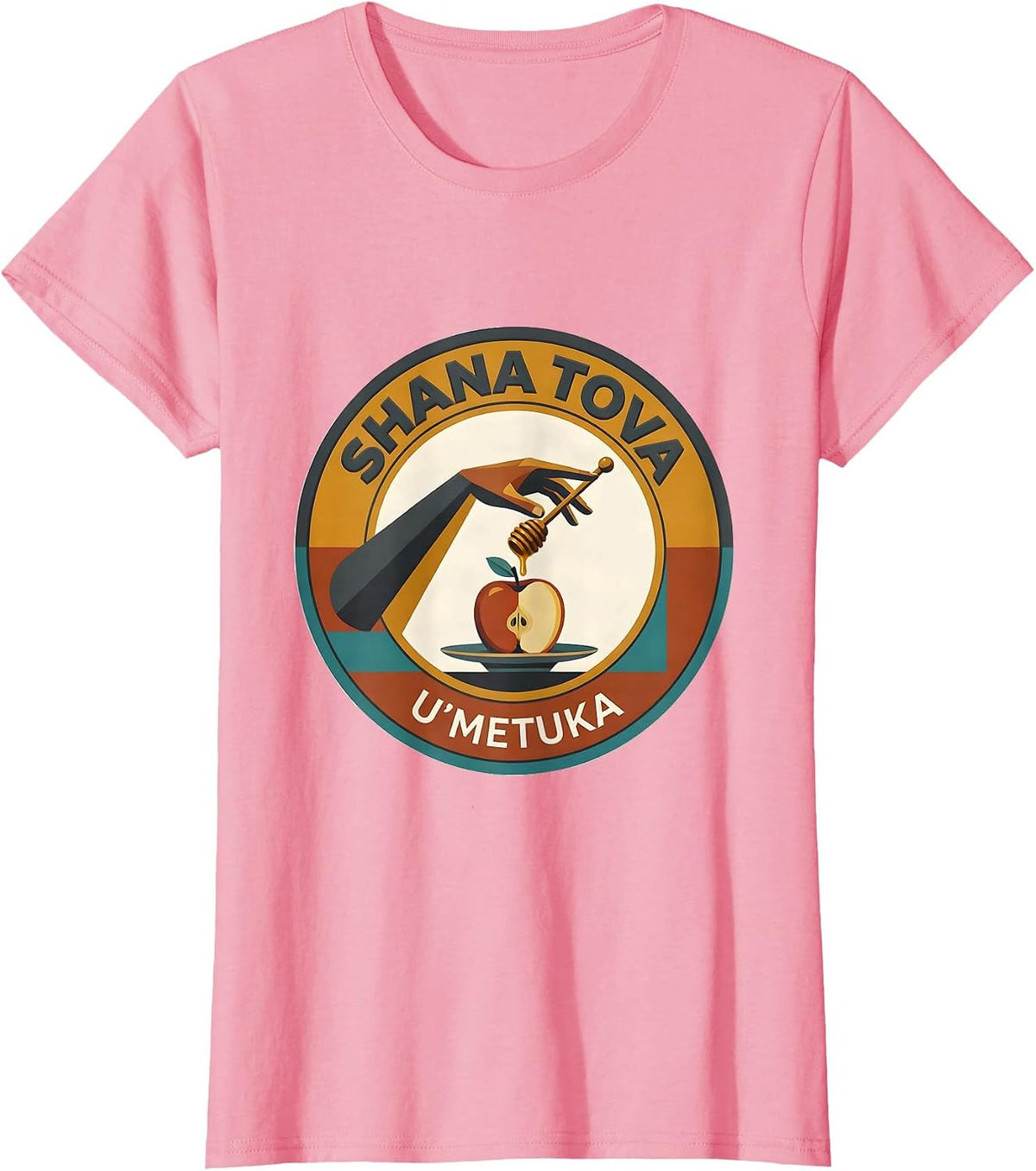 Women's Shana Tova U'Metuka Midcentury Modern Rosh Hashanah Apple T-Shirt - Pink