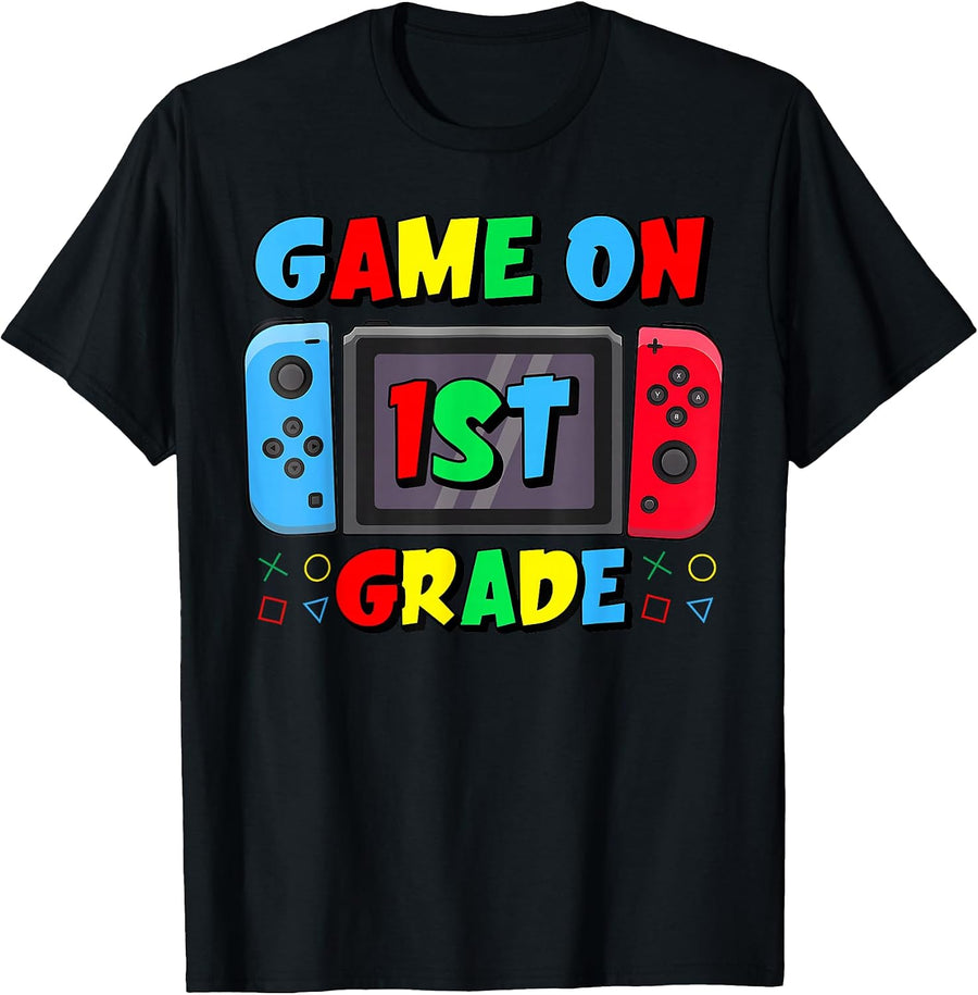 Back to School Game On 1st Grade Funny Gamer Boys Kids T-Shirt, Men, Black, Small - As Pictured