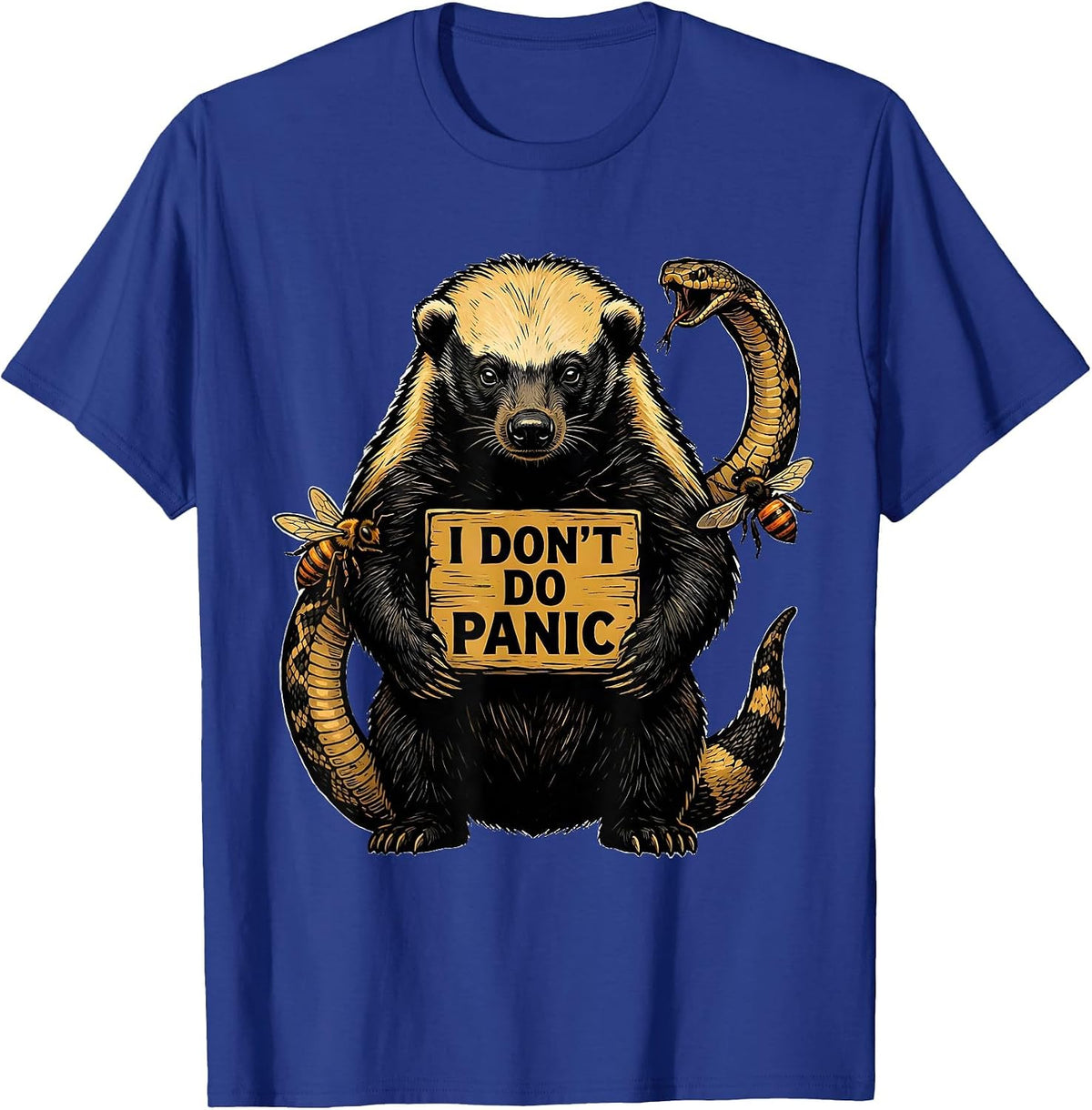 I Don't Do Panic Linocut Honey Badger Fearless Attitude T-Shirt - Royal Blue
